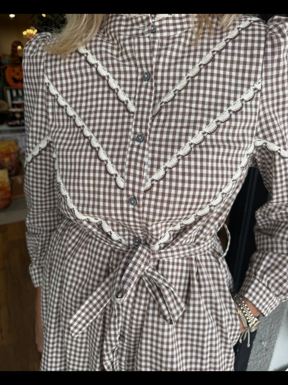 Entro Brown Gingham Tie-Waist Midi Dress-NWT - Picture 3 of 4
